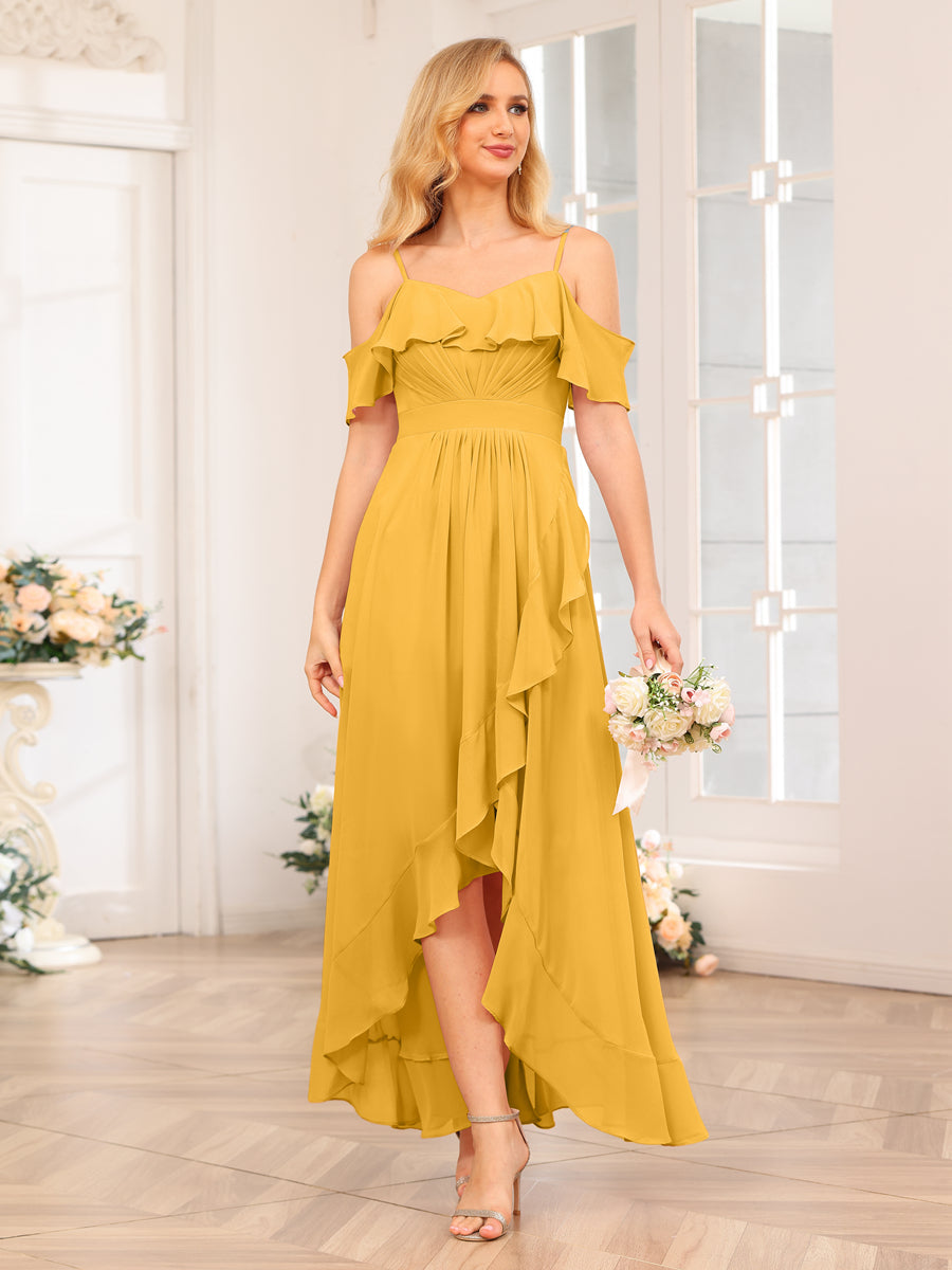 A-Line/Princesa Alças Finas Vestidos Longos de Festa de Casamento com Babados