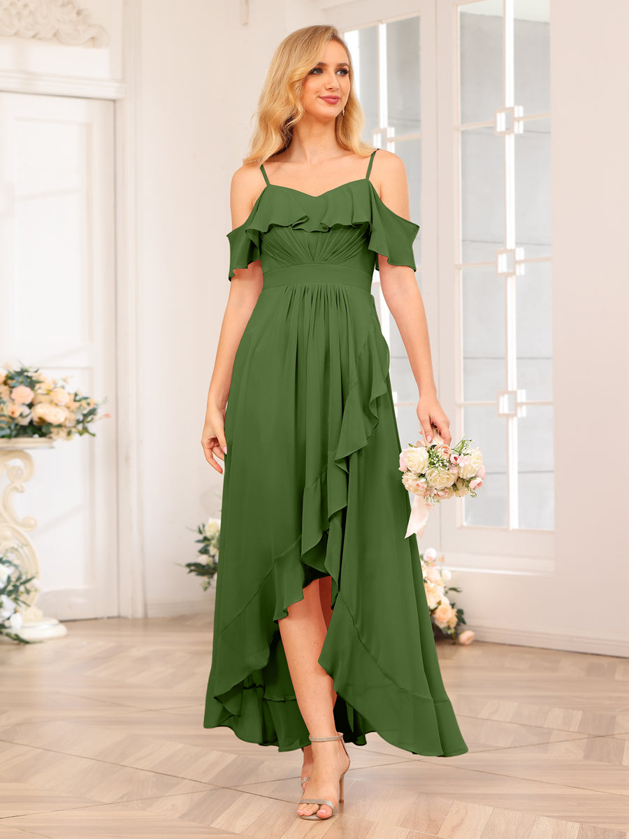 A-Line/Princesa Alças Finas Vestidos Longos de Festa de Casamento com Babados