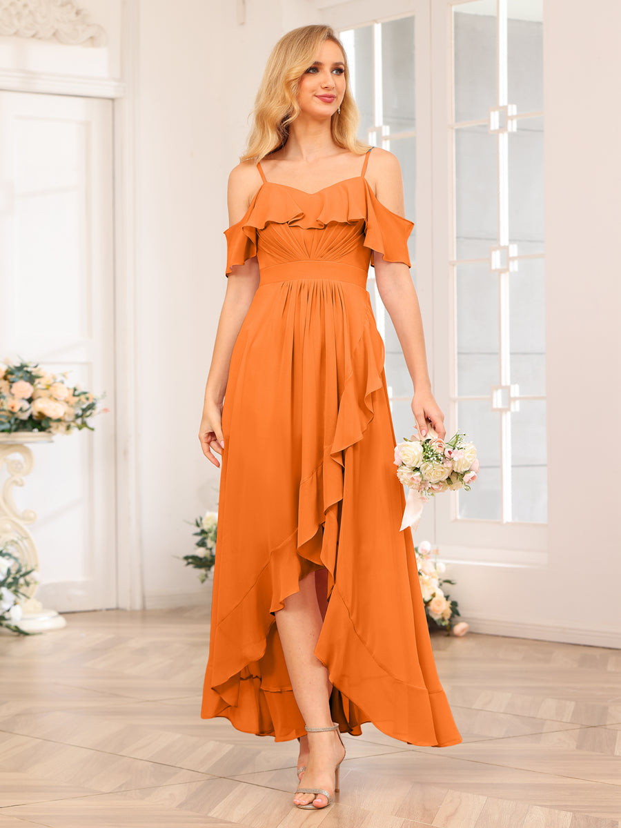 A-Line/Princesa Alças Finas Vestidos Longos de Festa de Casamento com Babados
