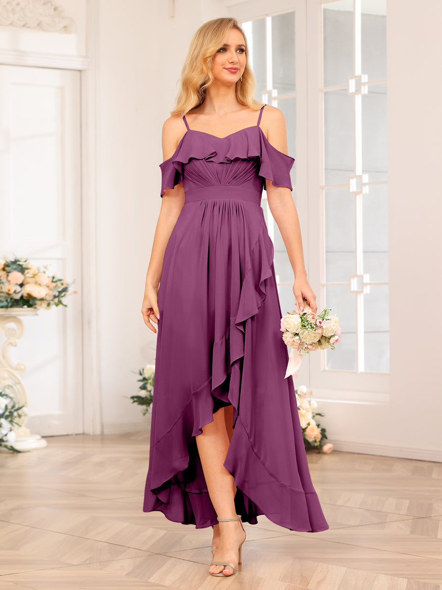 A-Line/Princesa Alças Finas Vestidos Longos de Festa de Casamento com Babados