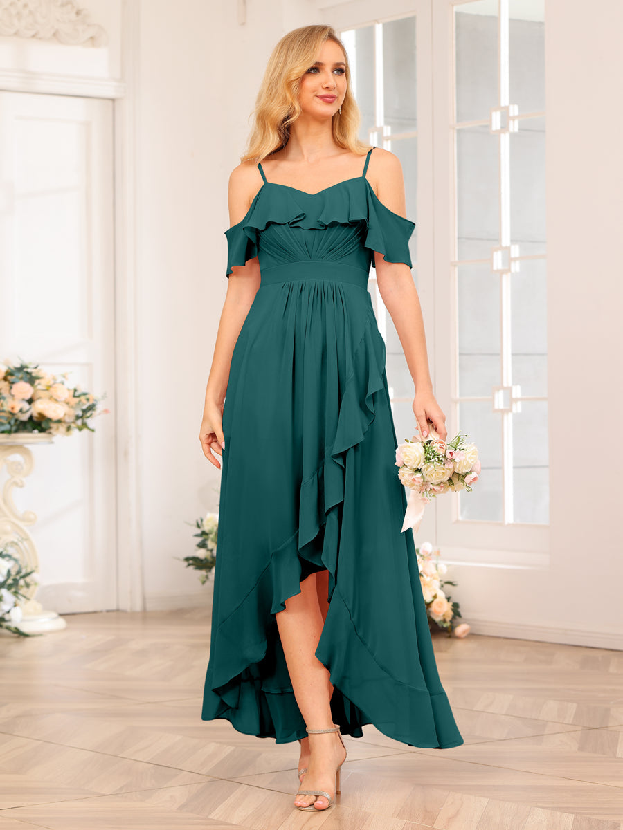 A-Line/Princesa Alças Finas Vestidos Longos de Festa de Casamento com Babados