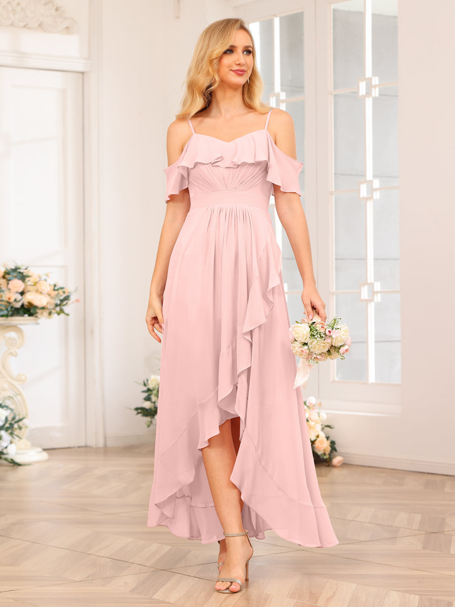 A-Line/Princesa Alças Finas Vestidos Longos de Festa de Casamento com Babados