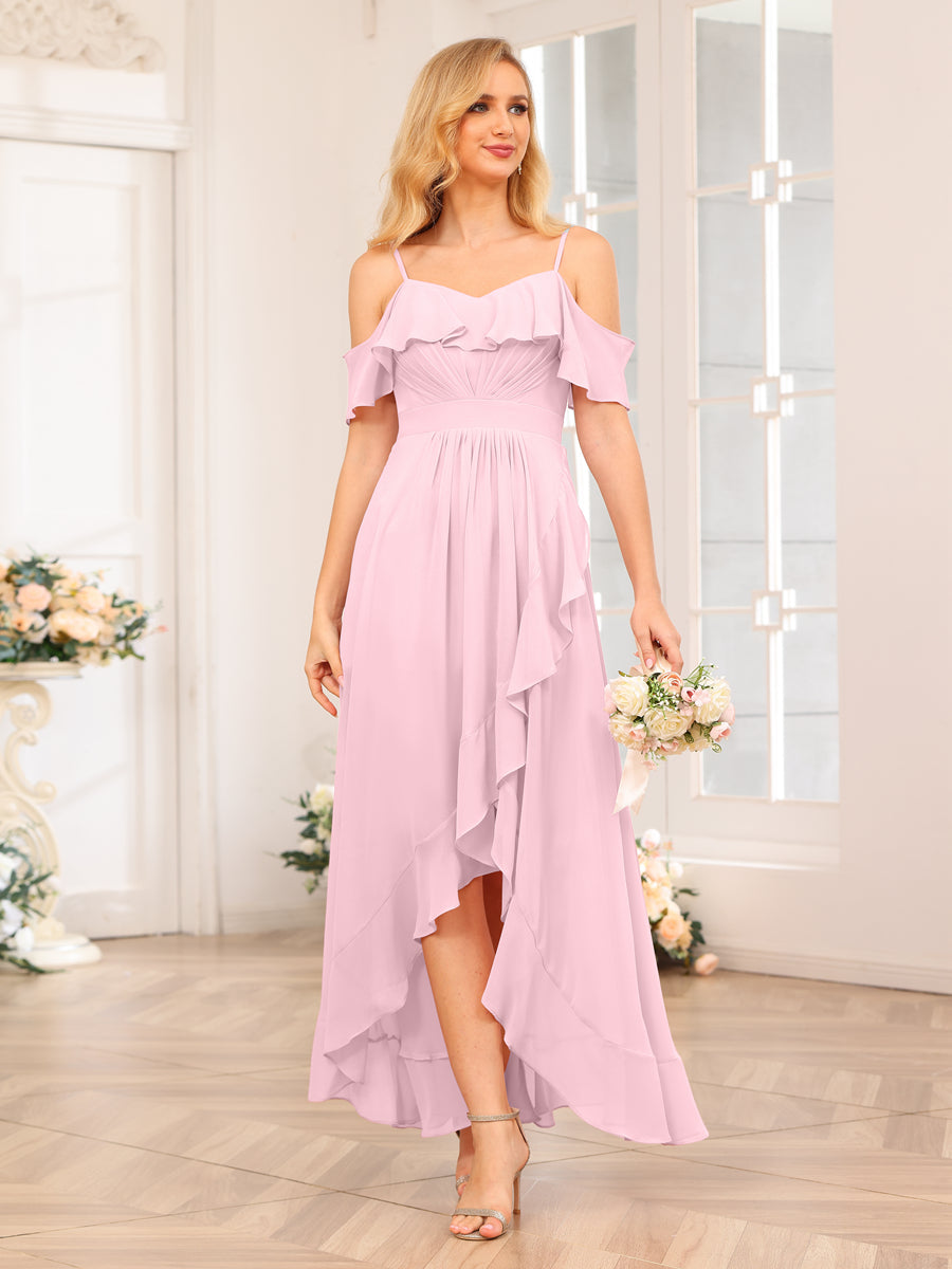 A-Line/Princesa Alças Finas Vestidos Longos de Festa de Casamento com Babados