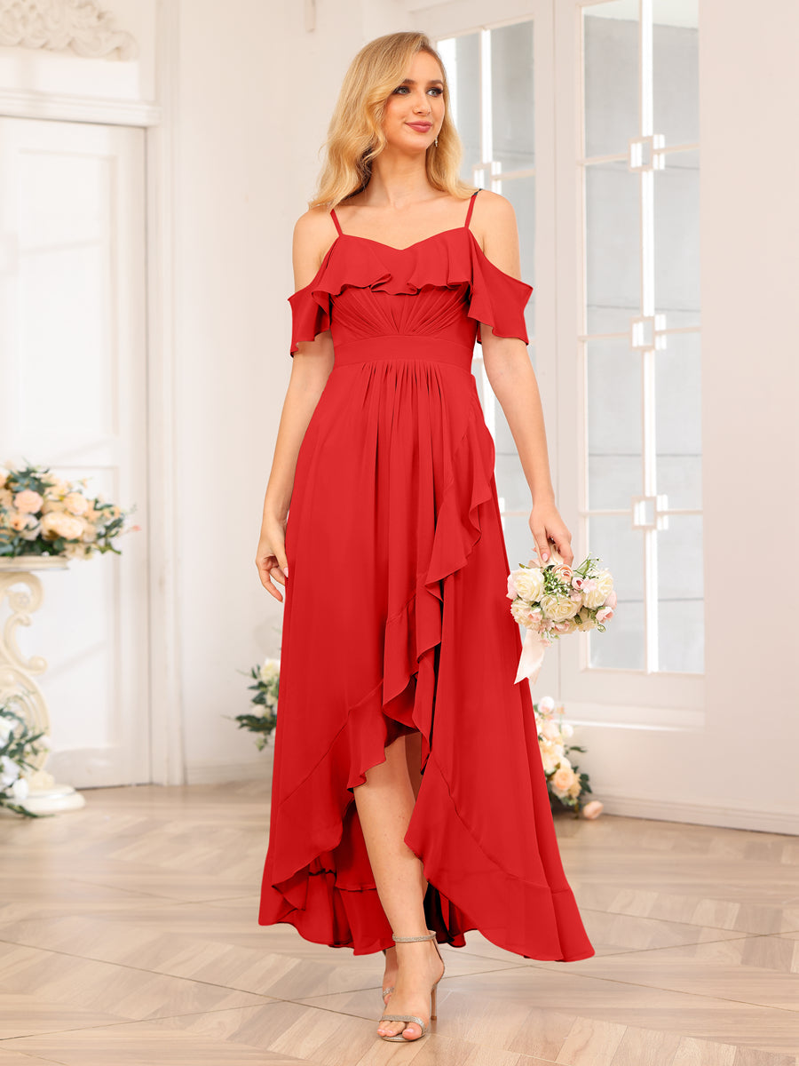 A-Line/Princesa Alças Finas Vestidos Longos de Festa de Casamento com Babados
