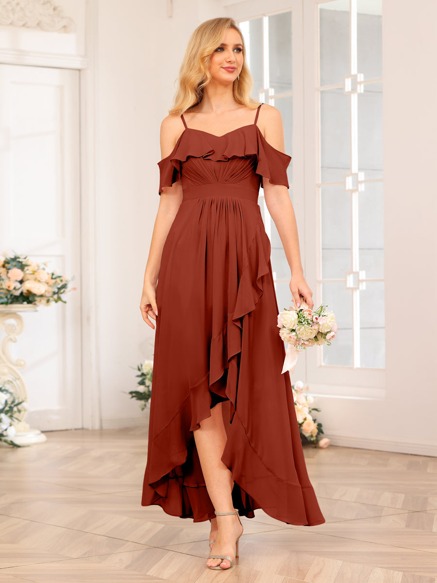 A-Line/Princesa Alças Finas Vestidos Longos de Festa de Casamento com Babados