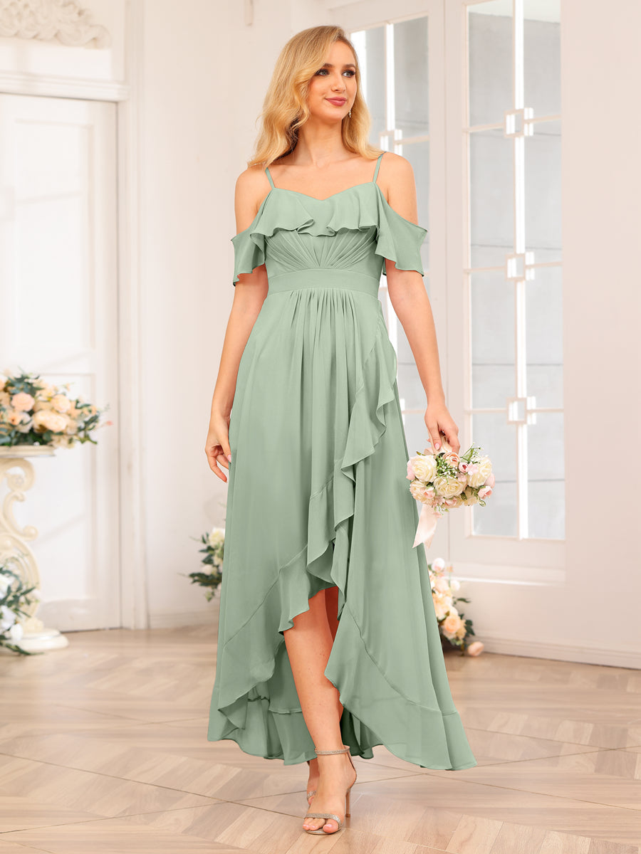 A-Line/Princesa Alças Finas Vestidos Longos de Festa de Casamento com Babados