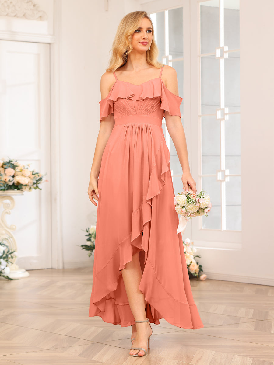 A-Line/Princesa Alças Finas Vestidos Longos de Festa de Casamento com Babados