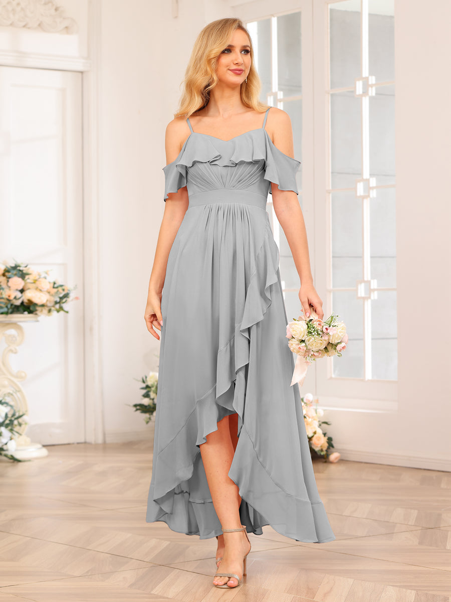A-Line/Princesa Alças Finas Vestidos Longos de Festa de Casamento com Babados