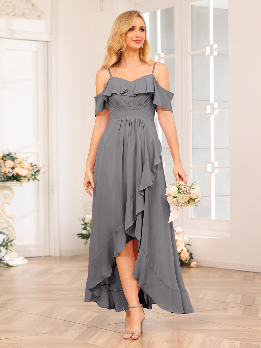 A-Line/Princesa Alças Finas Vestidos Longos de Festa de Casamento com Babados