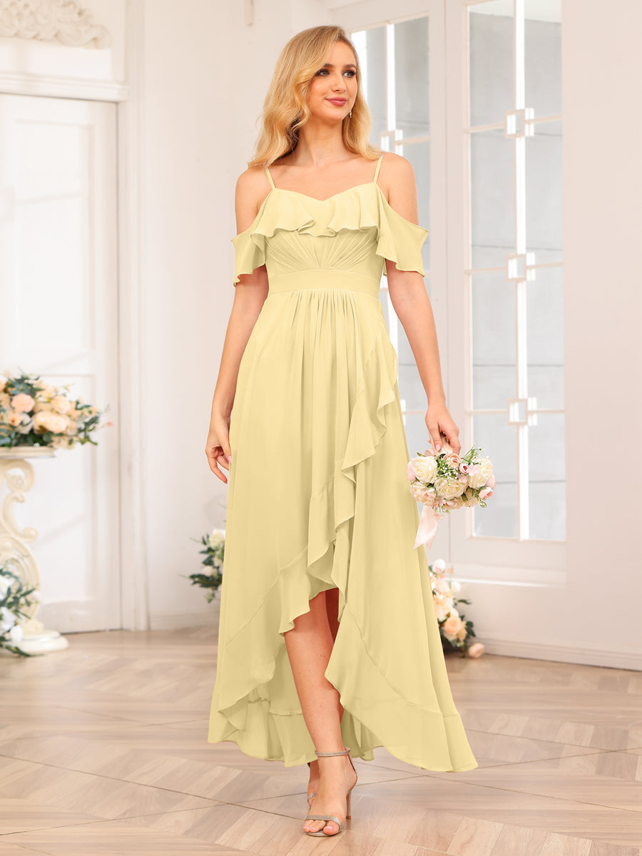 A-Line/Princesa Alças Finas Vestidos Longos de Festa de Casamento com Babados