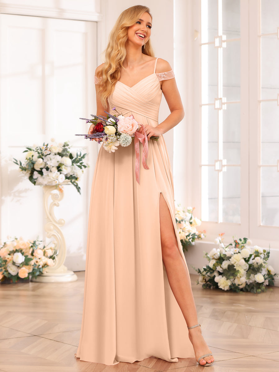 Vestidos Longos de Festa de Casamento com Alças Finas Evasê/Princesa com Laterais Divididas e Bolsos