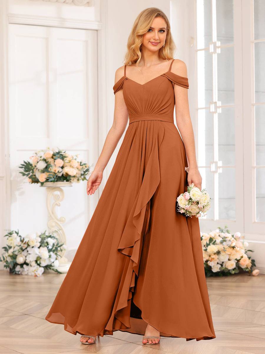 A-Line/Princesa Alças Finas Vestidos Longos de Festa de Casamento com Lado Dividido