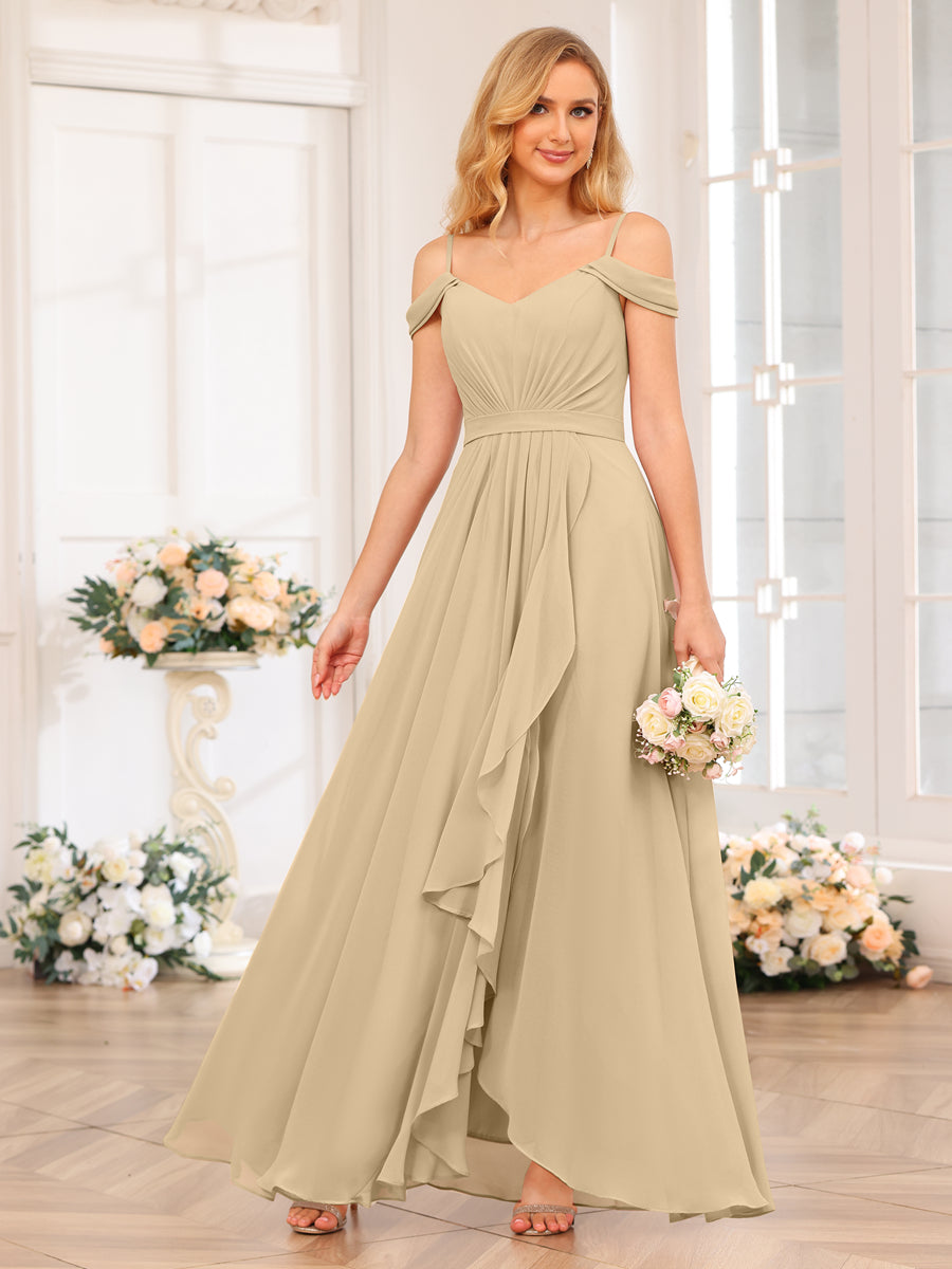 A-Line/Princesa Alças Finas Vestidos Longos de Festa de Casamento com Lado Dividido