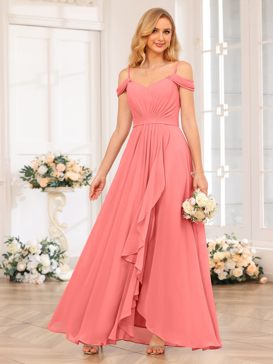 A-Line/Princesa Alças Finas Vestidos Longos de Festa de Casamento com Lado Dividido