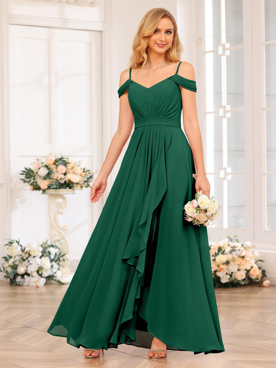 A-Line/Princesa Alças Finas Vestidos Longos de Festa de Casamento com Lado Dividido