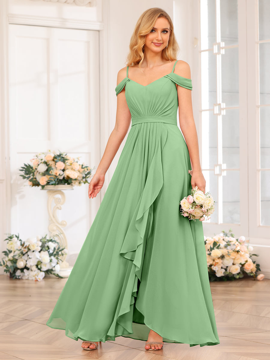 A-Line/Princesa Alças Finas Vestidos Longos de Festa de Casamento com Lado Dividido