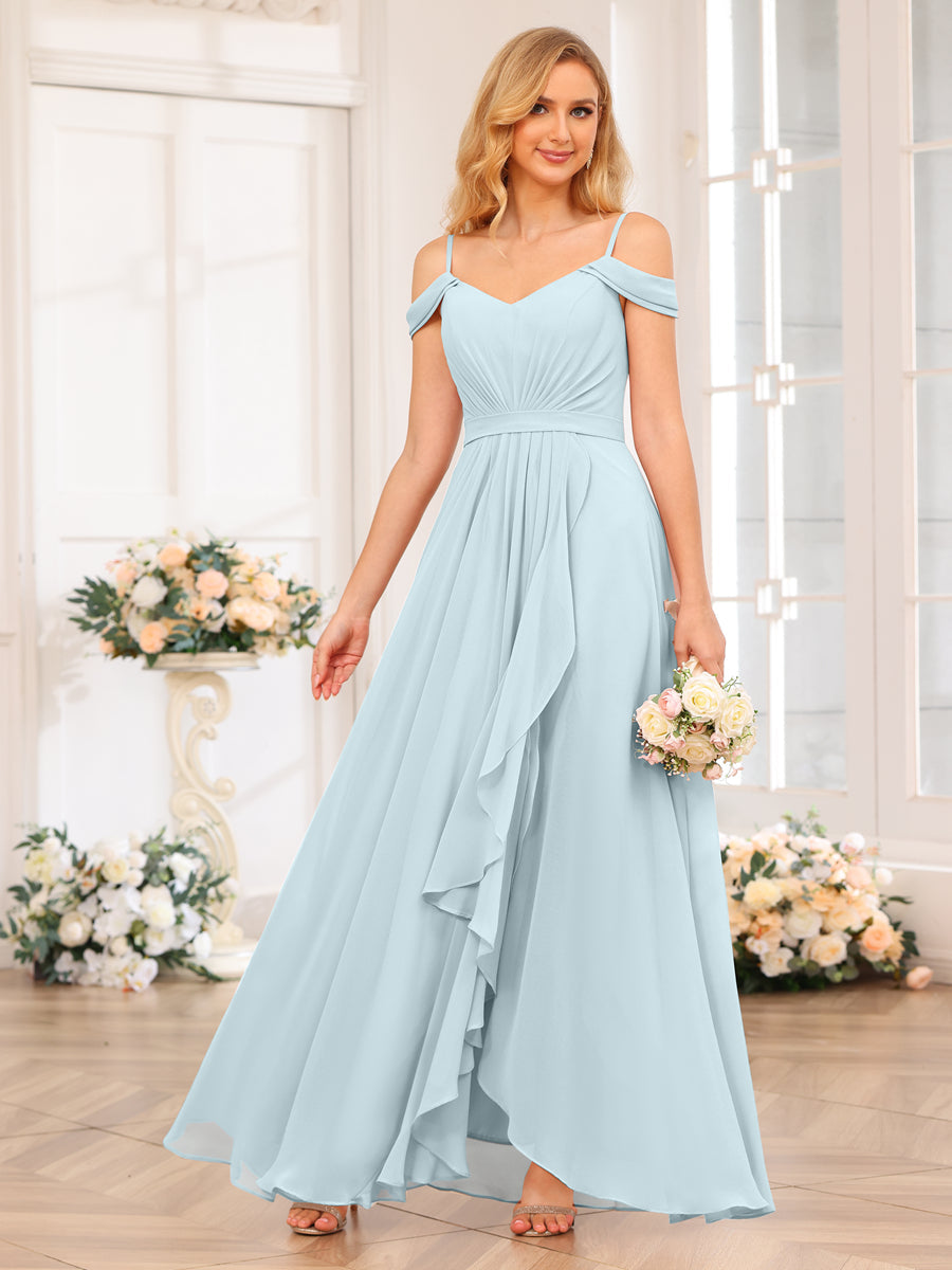 A-Line/Princesa Alças Finas Vestidos Longos de Festa de Casamento com Lado Dividido