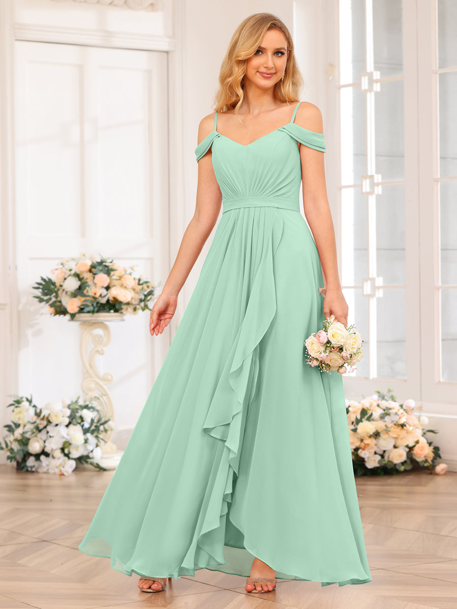 A-Line/Princesa Alças Finas Vestidos Longos de Festa de Casamento com Lado Dividido