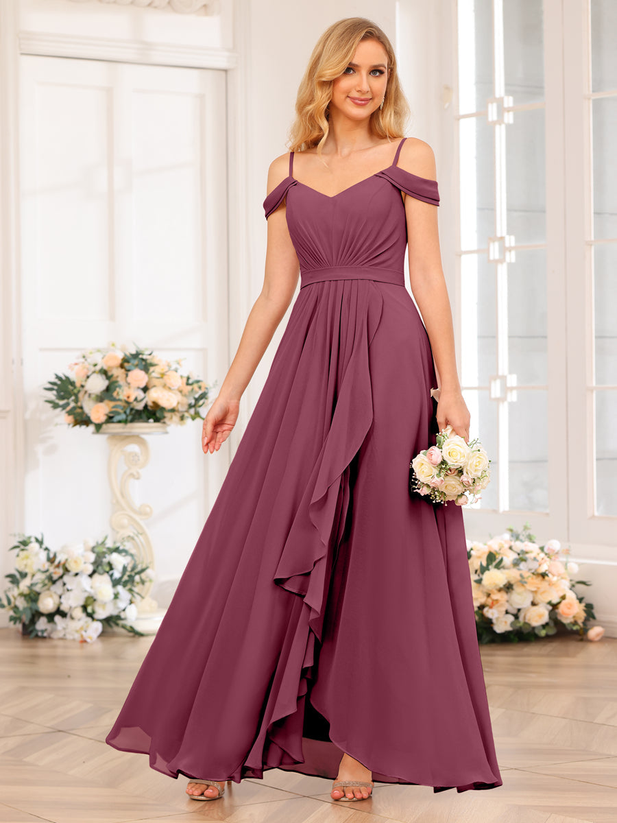 A-Line/Princesa Alças Finas Vestidos Longos de Festa de Casamento com Lado Dividido