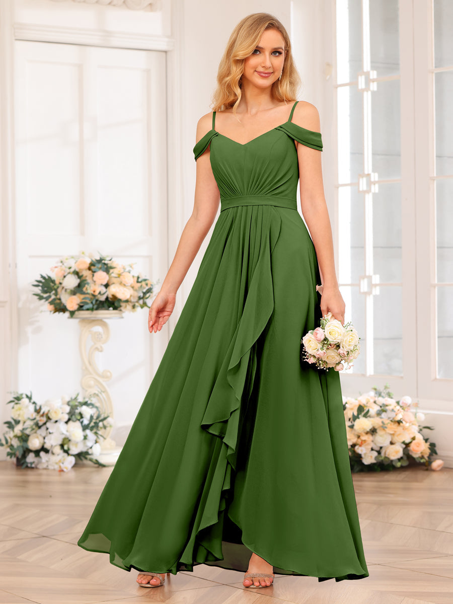 A-Line/Princesa Alças Finas Vestidos Longos de Festa de Casamento com Lado Dividido