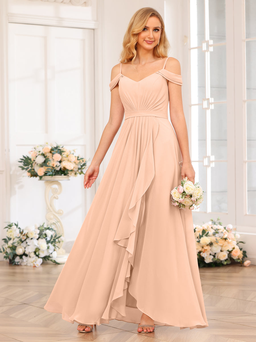 A-Line/Princesa Alças Finas Vestidos Longos de Festa de Casamento com Lado Dividido