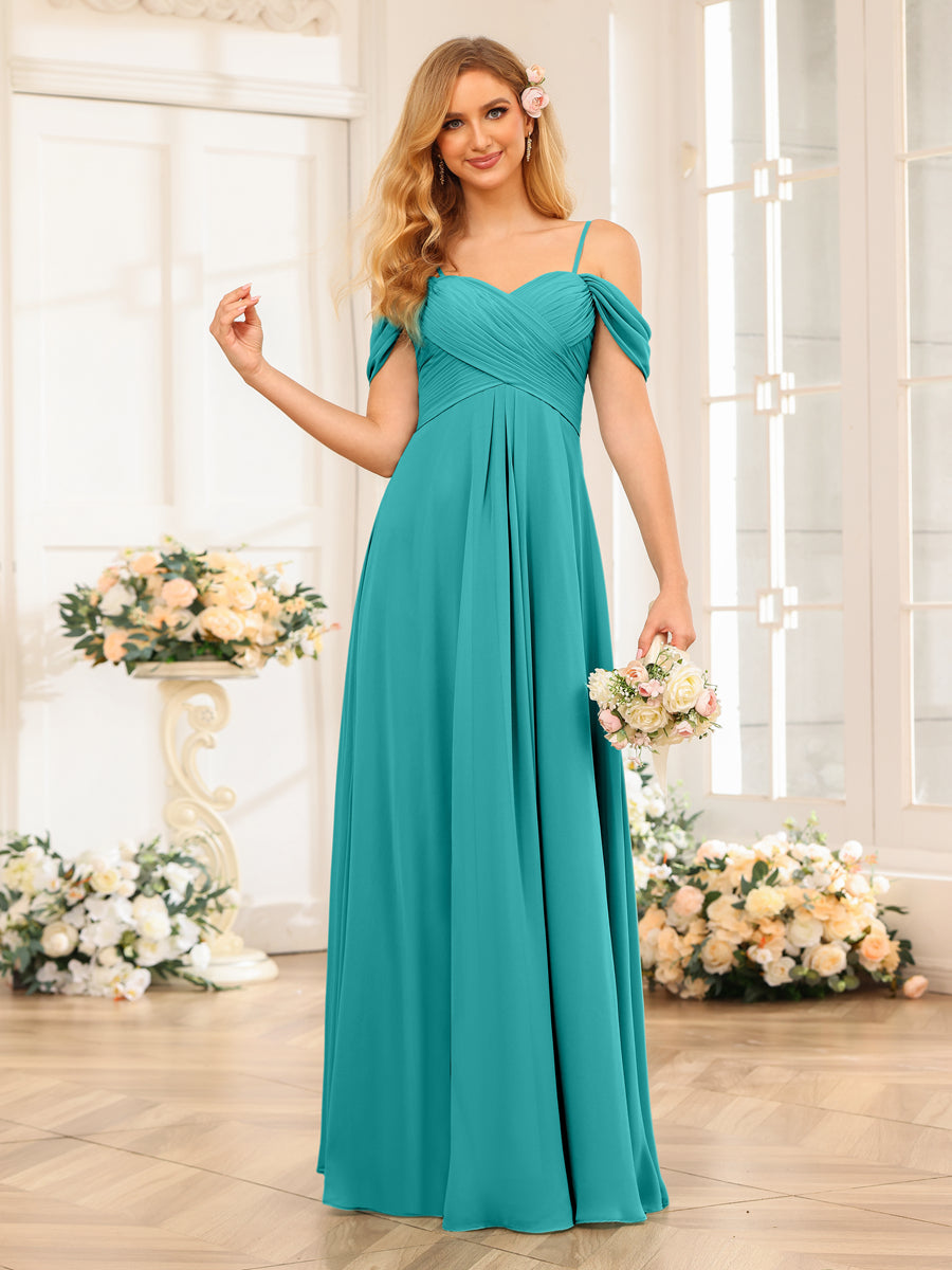 A-Line/Princesa Alças Finas Vestidos Longos de Festa de Casamento com Babados