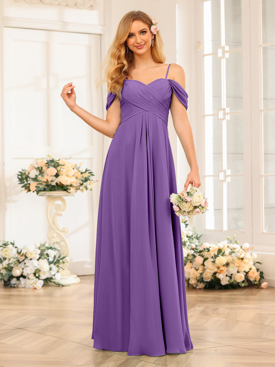 A-Line/Princesa Alças Finas Vestidos Longos de Festa de Casamento com Babados