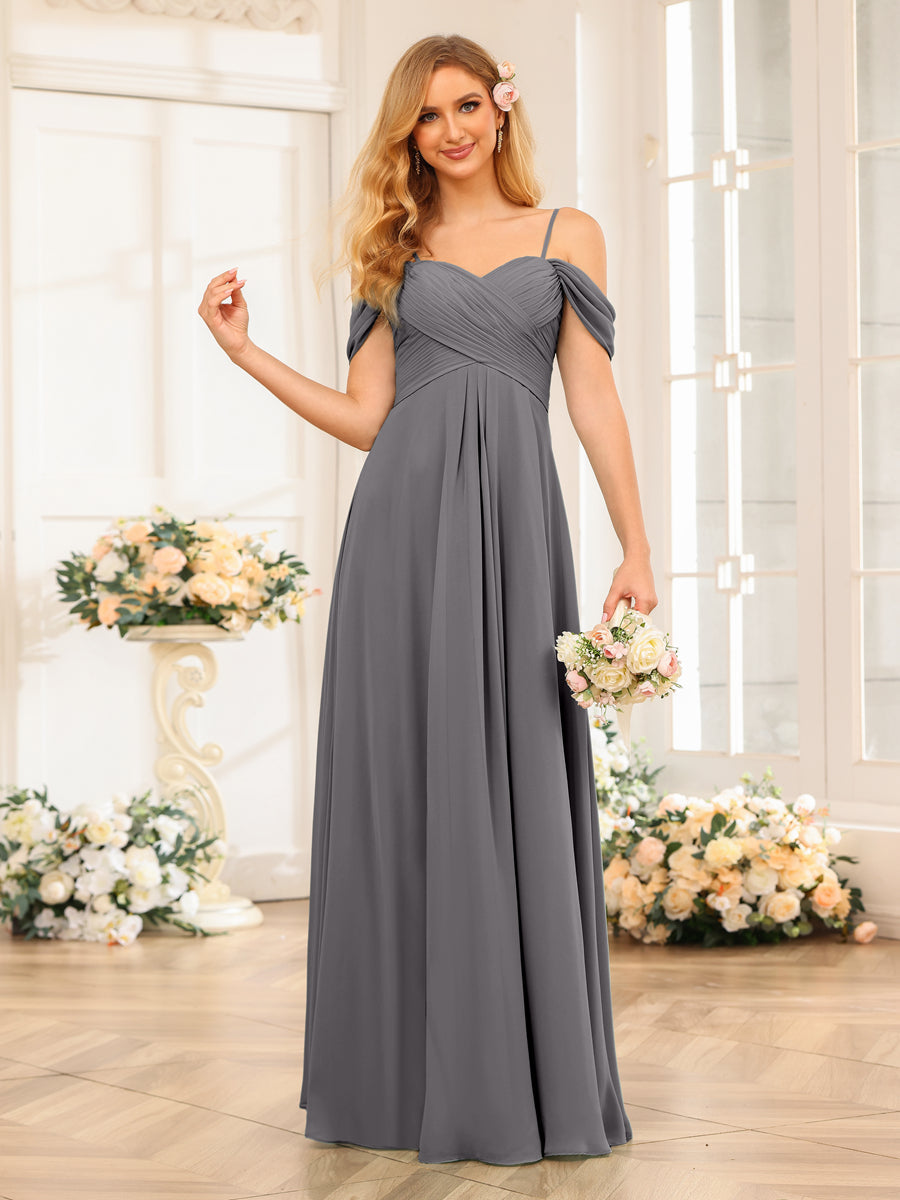 A-Line/Princesa Alças Finas Vestidos Longos de Festa de Casamento com Babados