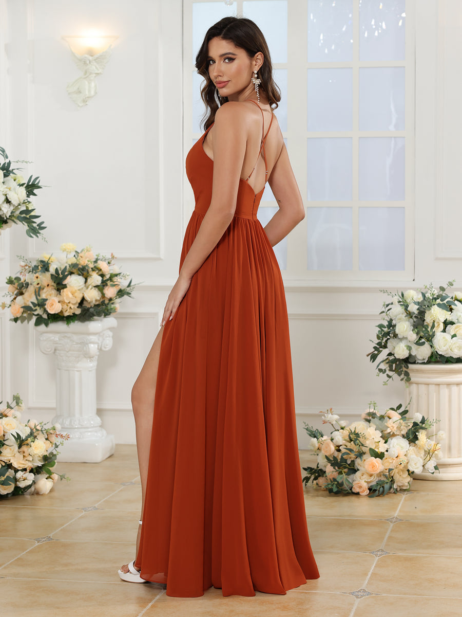 Vestidos Longos para Festa de Casamento com Alças Finas e Fenda Lateral em Estilo A-Line/Princesa