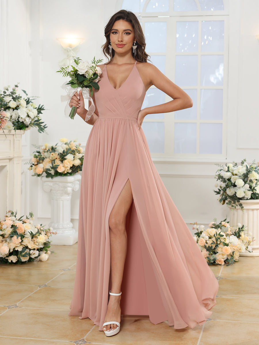 Vestidos Longos para Festa de Casamento com Alças Finas e Fenda Lateral em Estilo A-Line/Princesa