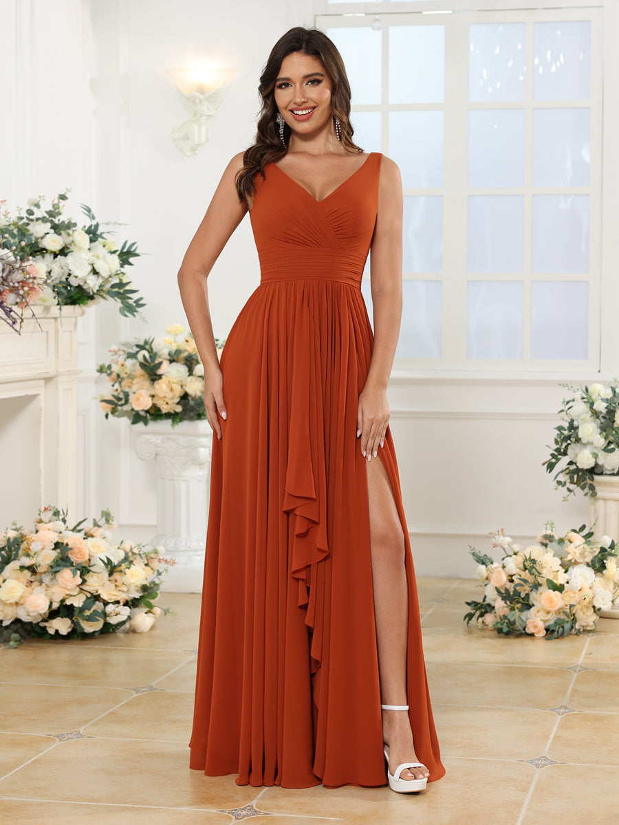 Vestidos Longos para Festa de Casamento com Decote em V e Fenda Lateral em Estilo A-Line/Princesa