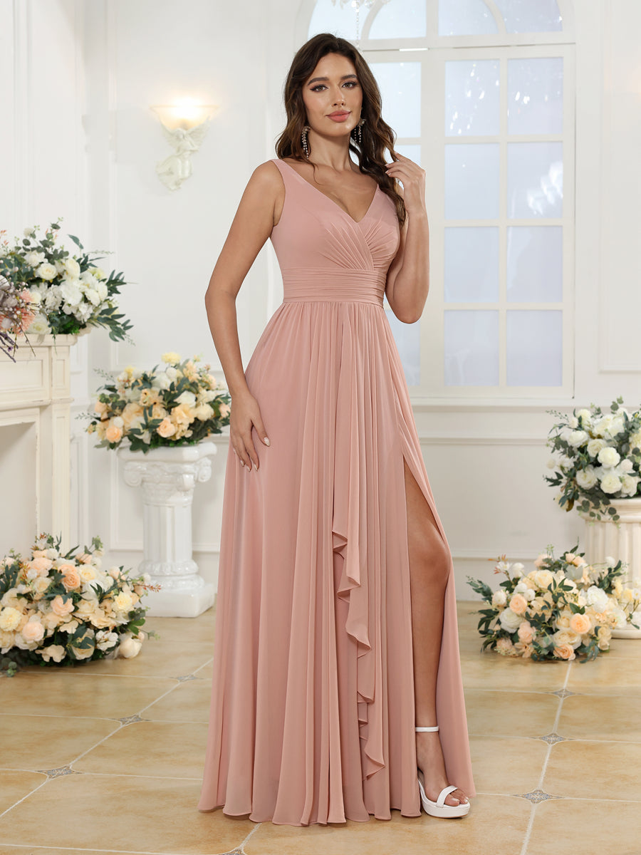 Vestidos Longos para Festa de Casamento com Decote em V e Fenda Lateral em Estilo A-Line/Princesa