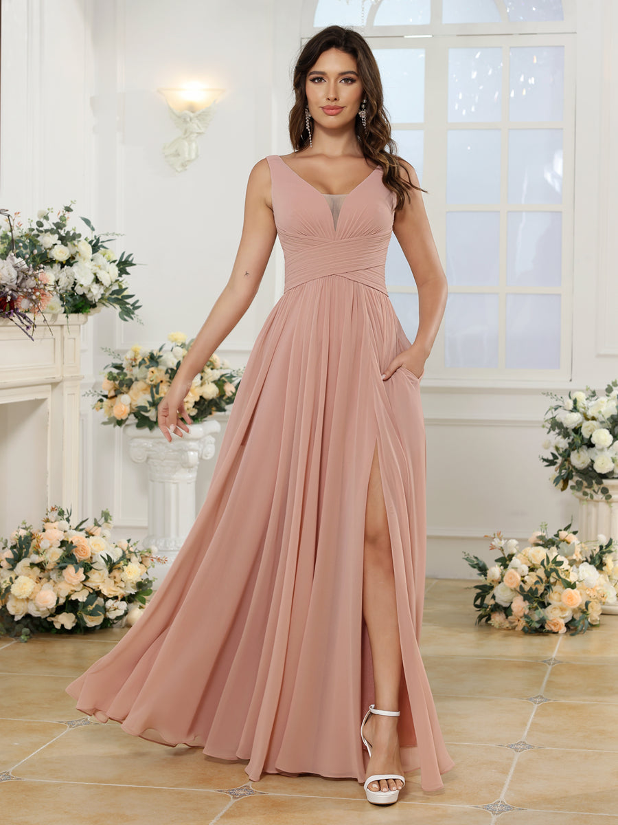 Vestidos Longos para Festa de Casamento com Decote em V e Fenda Lateral com Bolsos em Estilo A-Line/Princesa