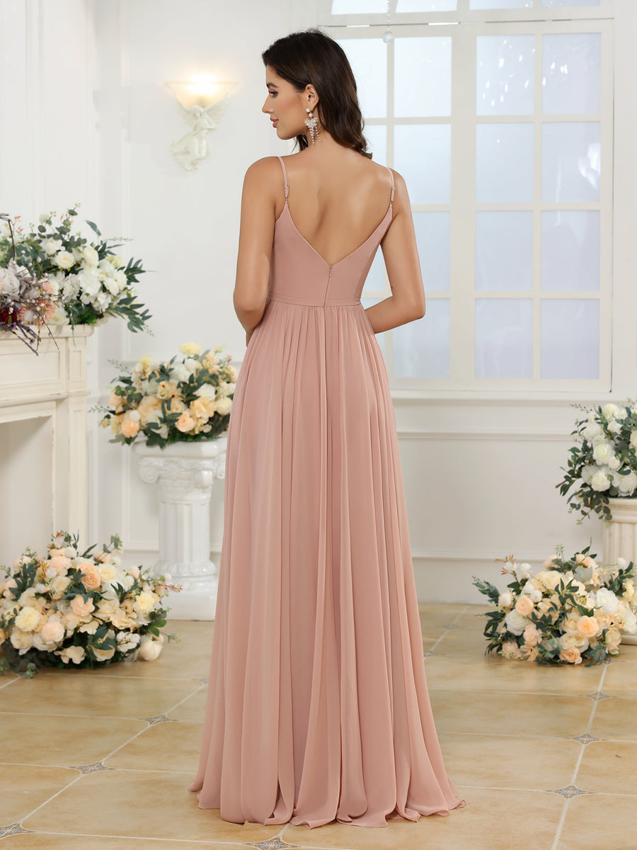 Vestidos Longos para Festa de Casamento com Alças Finas e Fenda Lateral em Estilo A-Line/Princesa