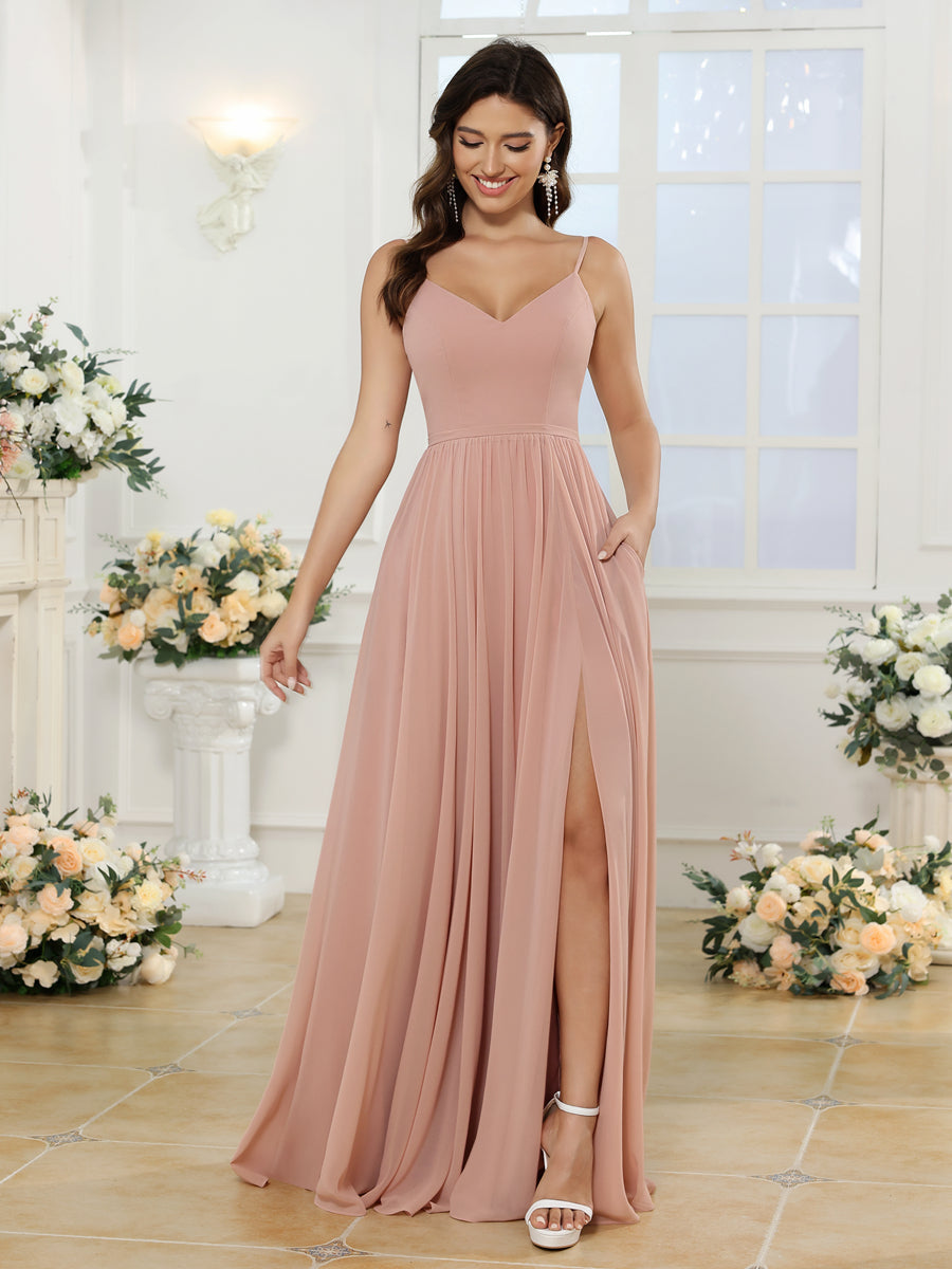 Vestidos Longos para Festa de Casamento com Alças Finas e Fenda Lateral em Estilo A-Line/Princesa