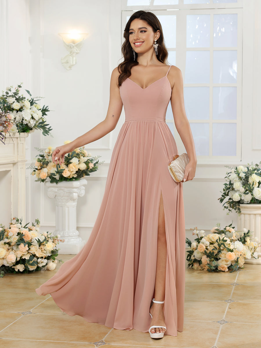 Vestidos Longos para Festa de Casamento com Alças Finas e Fenda Lateral em Estilo A-Line/Princesa