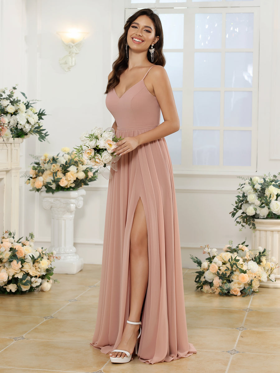 Vestidos Longos para Festa de Casamento com Alças Finas e Fenda Lateral em Estilo A-Line/Princesa
