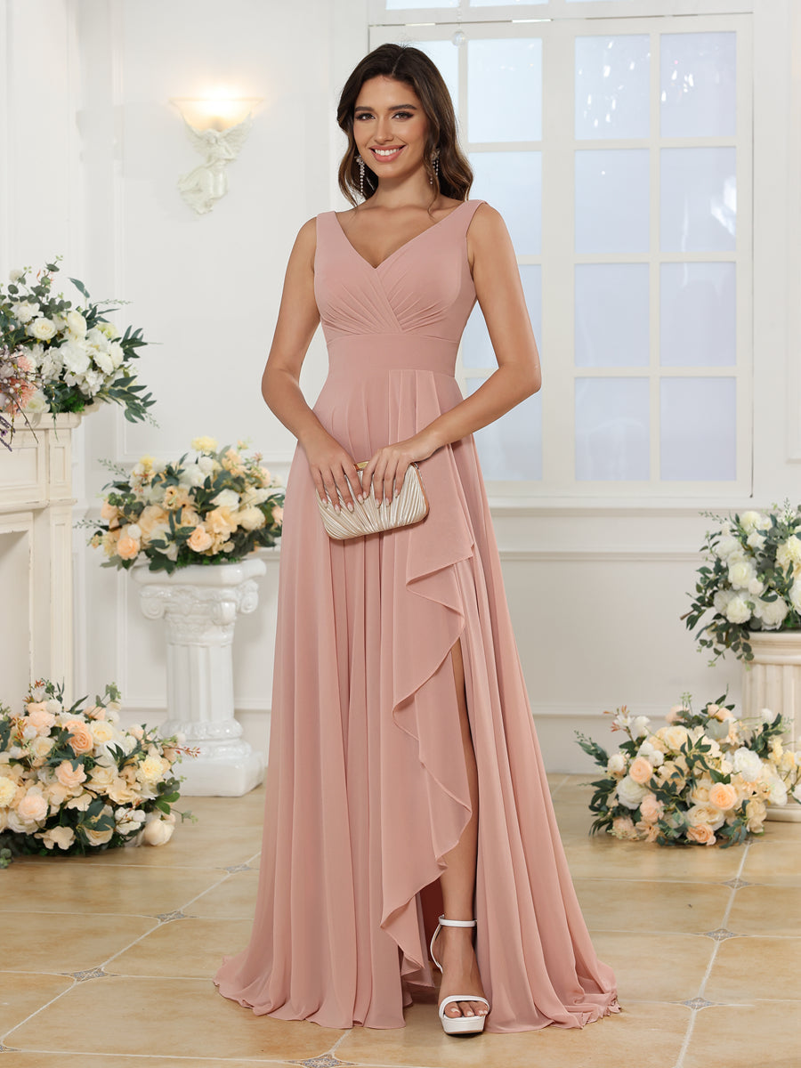 Vestidos Longos para Festa de Casamento com Decote em V e Fenda Lateral com Bolsos em Estilo A-Line/Princesa