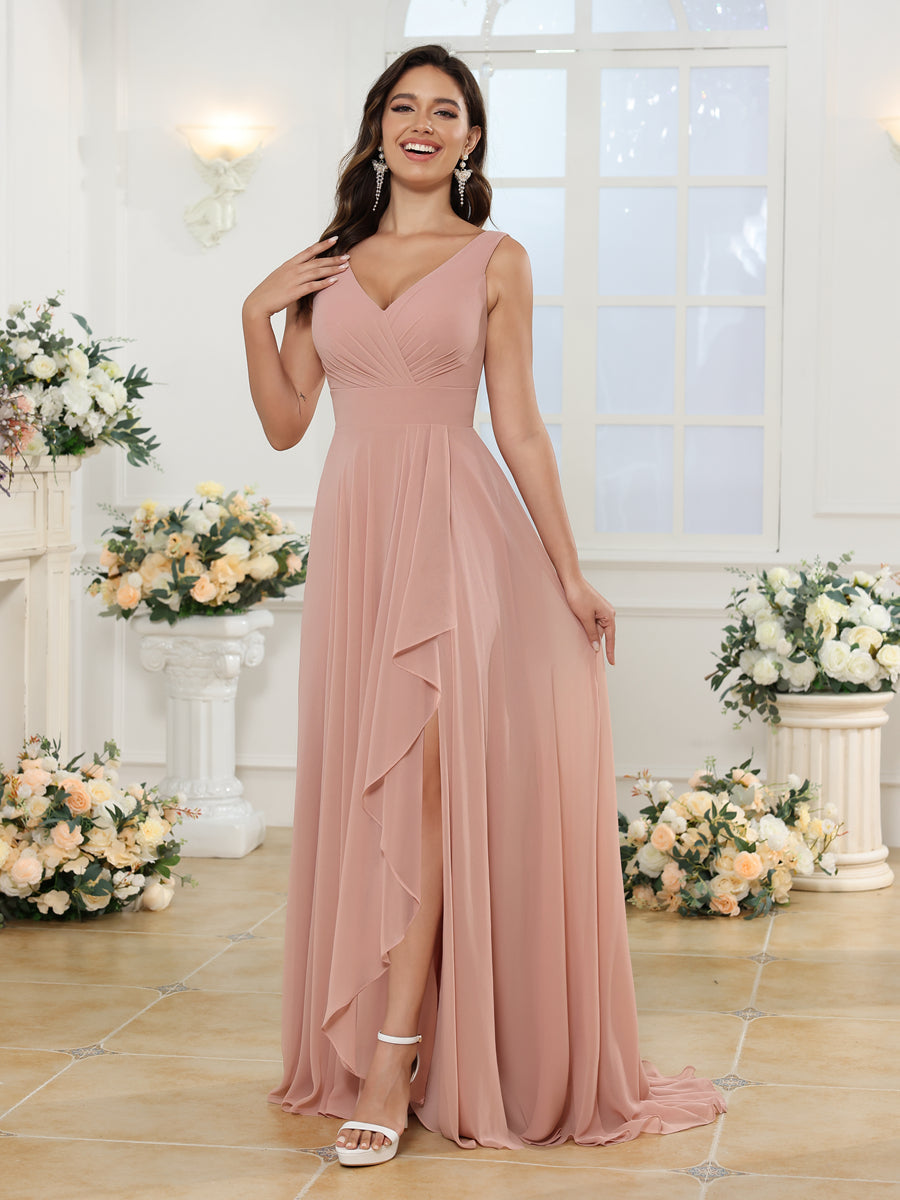 Vestidos Longos para Festa de Casamento com Decote em V e Fenda Lateral com Bolsos em Estilo A-Line/Princesa