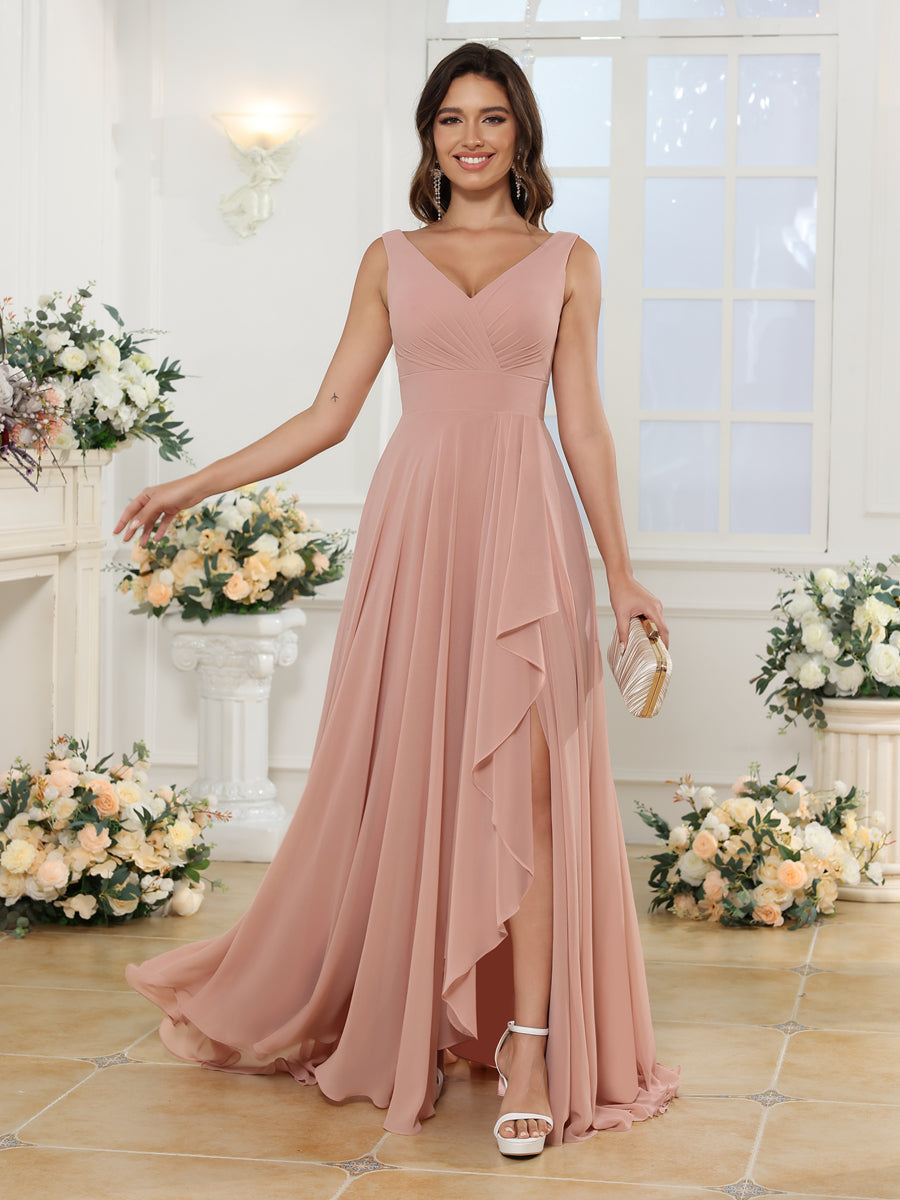 Vestidos Longos para Festa de Casamento com Decote em V e Fenda Lateral com Bolsos em Estilo A-Line/Princesa