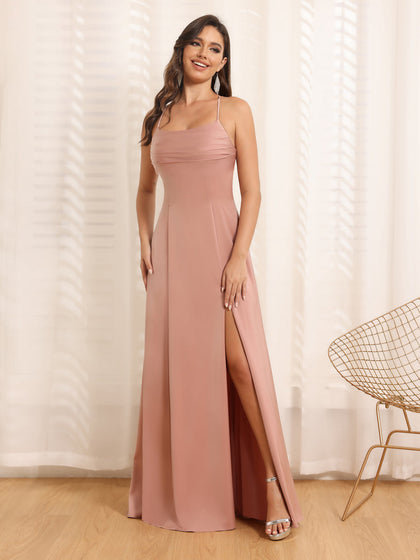 Vestidos Longos para Festa de Casamento com Alças Finas e Fenda Lateral em Estilo A-Line/Princesa