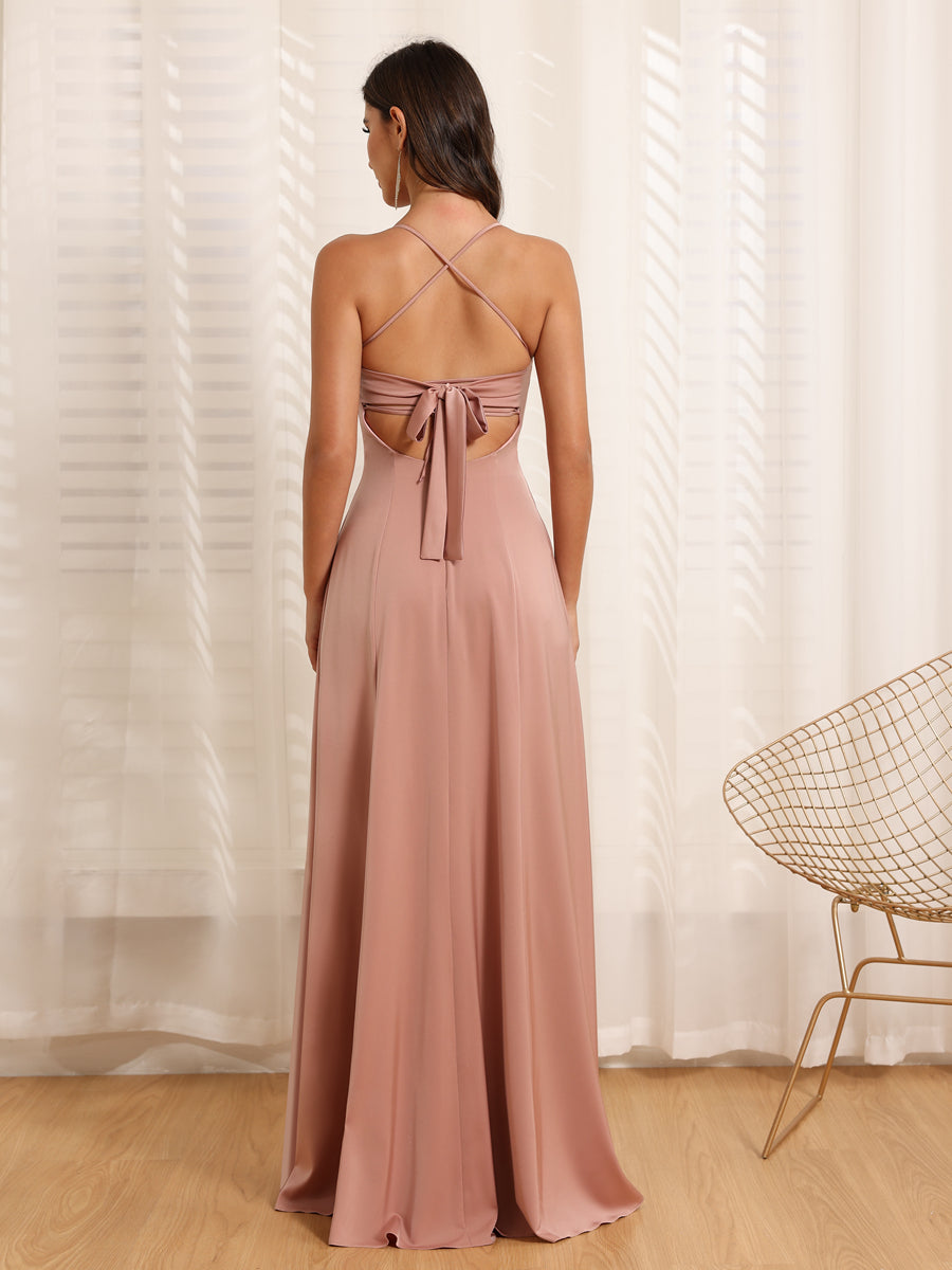 Vestidos Longos para Festa de Casamento com Alças Finas e Fenda Lateral em Estilo A-Line/Princesa