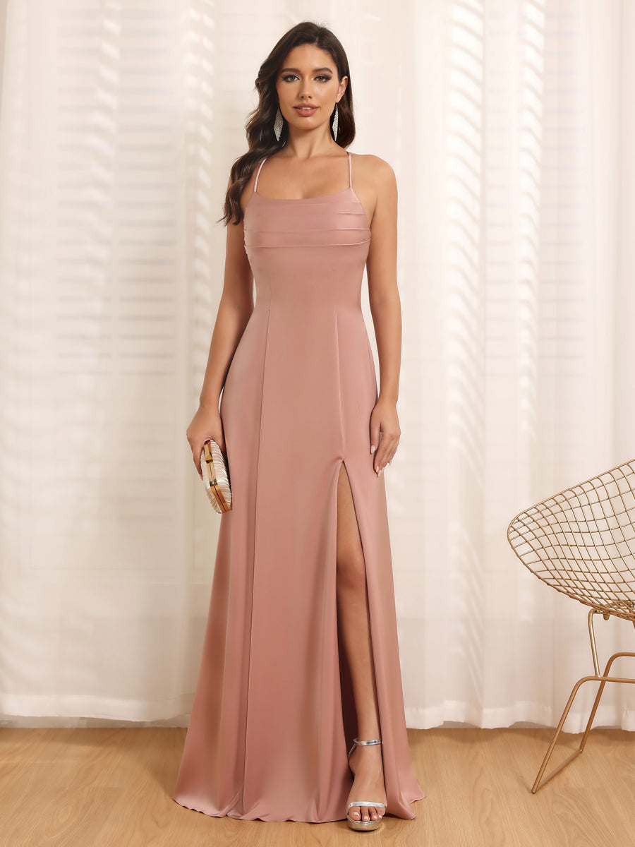 Vestidos Longos para Festa de Casamento com Alças Finas e Fenda Lateral em Estilo A-Line/Princesa