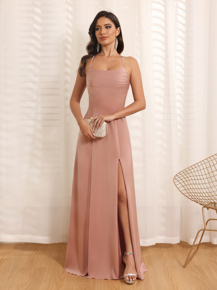Vestidos Longos para Festa de Casamento com Alças Finas e Fenda Lateral em Estilo A-Line/Princesa