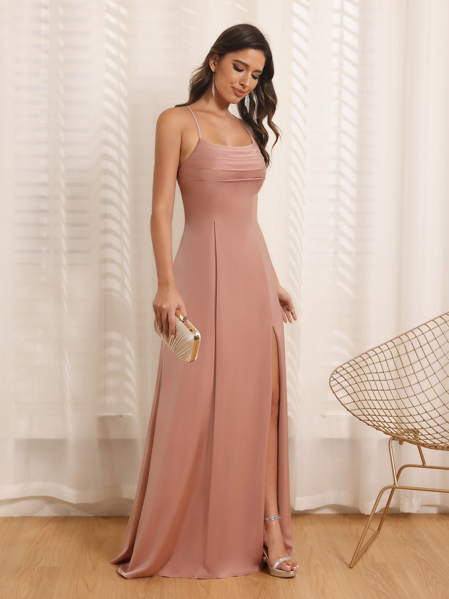 Vestidos Longos para Festa de Casamento com Alças Finas e Fenda Lateral em Estilo A-Line/Princesa