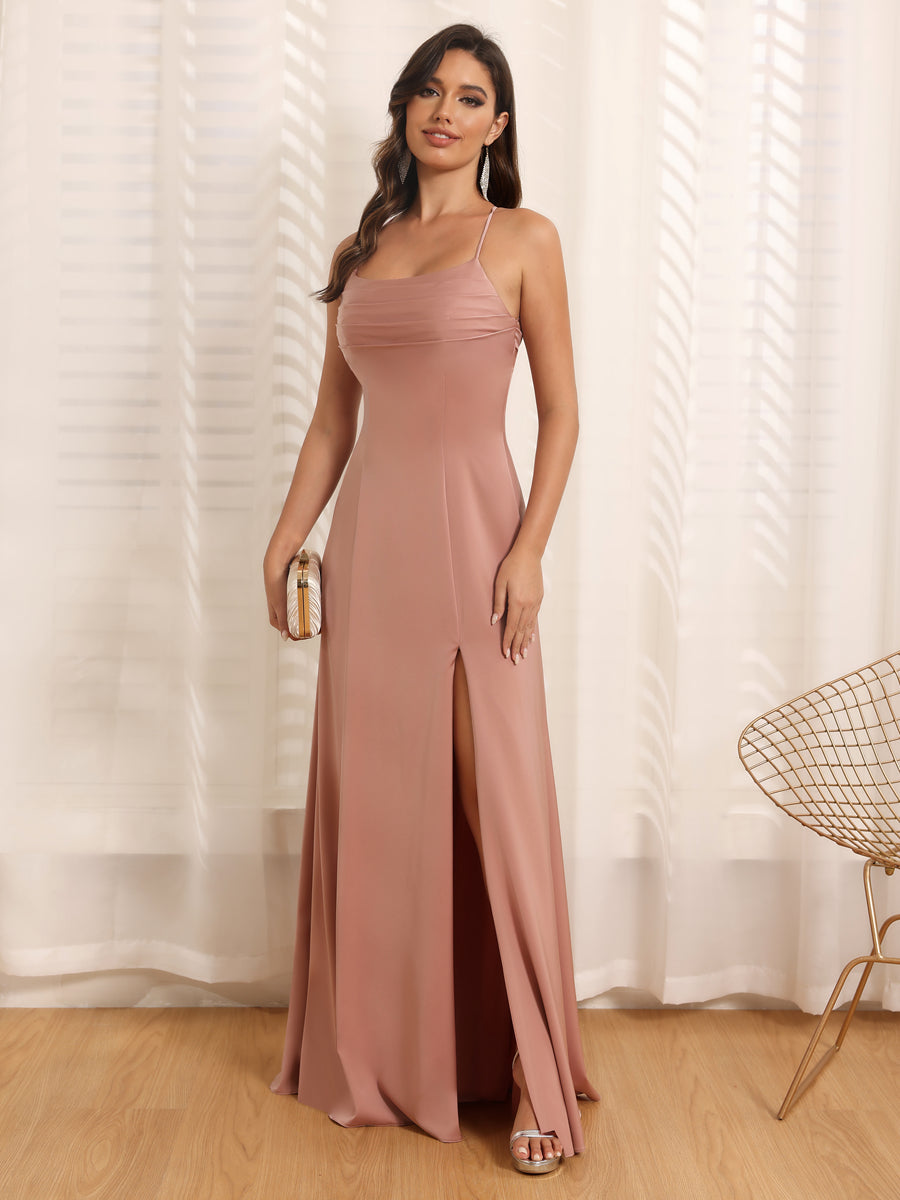 Vestidos Longos para Festa de Casamento com Alças Finas e Fenda Lateral em Estilo A-Line/Princesa