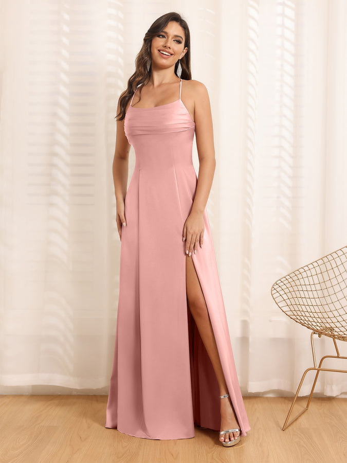 Vestidos Longos para Festa de Casamento com Alças Finas e Fenda Lateral em Estilo A-Line/Princesa