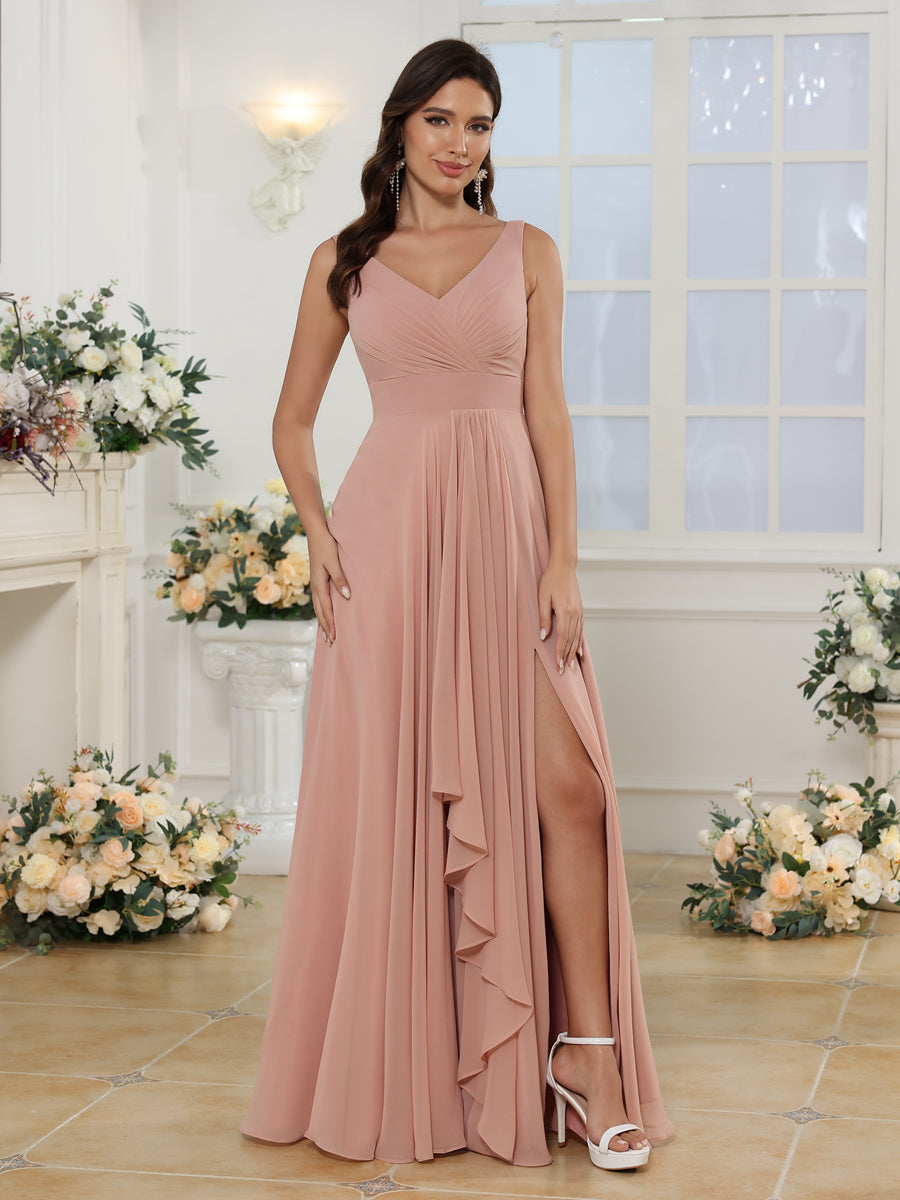 Vestidos Longos para Festa de Casamento com Decote em V e Fenda Lateral em Estilo A-Line/Princesa