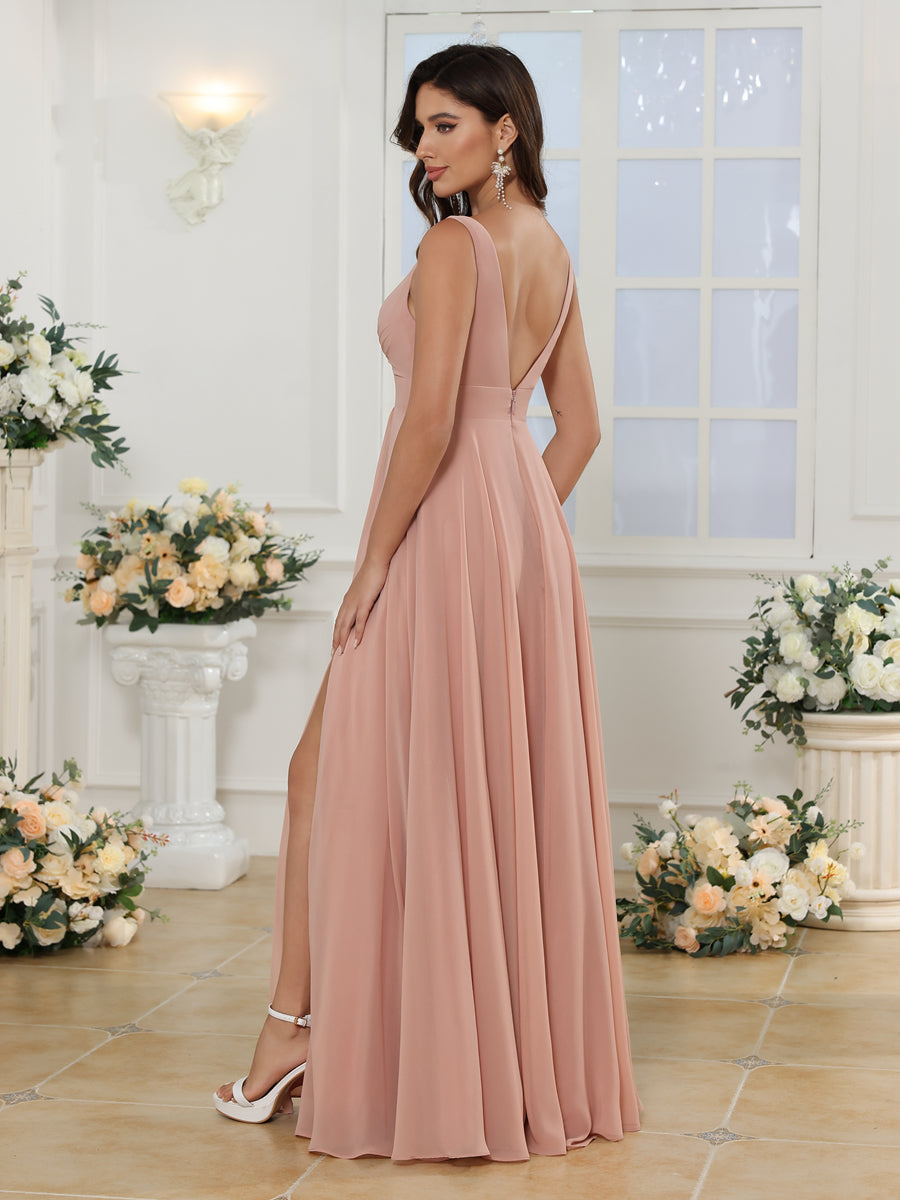 Vestidos Longos para Festa de Casamento com Decote em V e Fenda Lateral em Estilo A-Line/Princesa