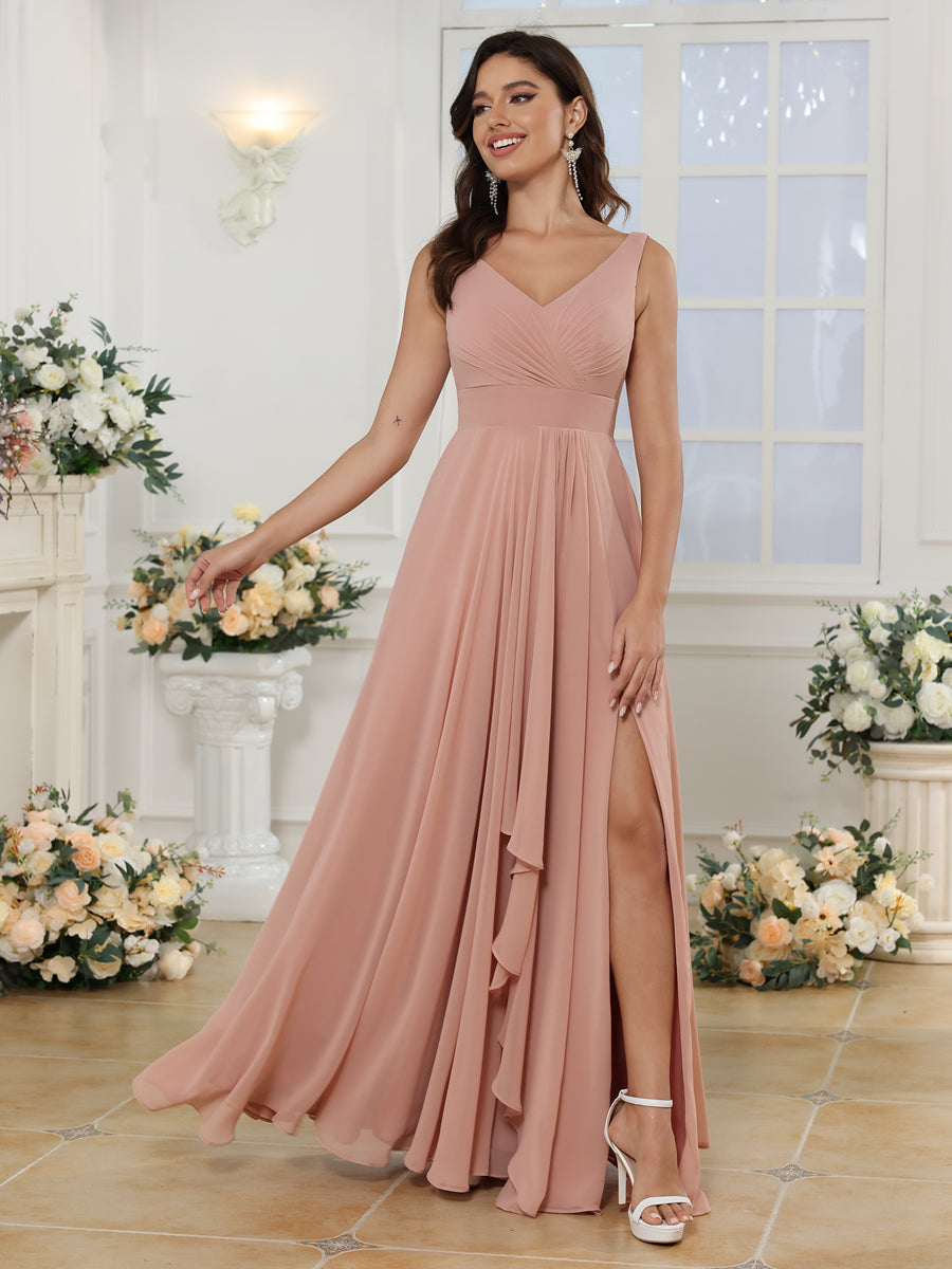 Vestidos Longos para Festa de Casamento com Decote em V e Fenda Lateral em Estilo A-Line/Princesa